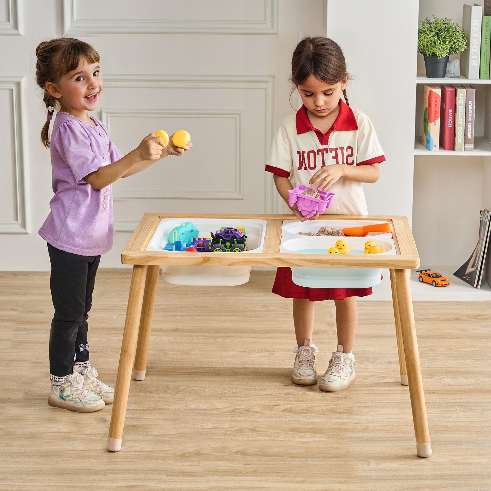 Kids Sensory Table Indoor Wooden Play Sand Water Table with 3 Storage Bins - Image 8