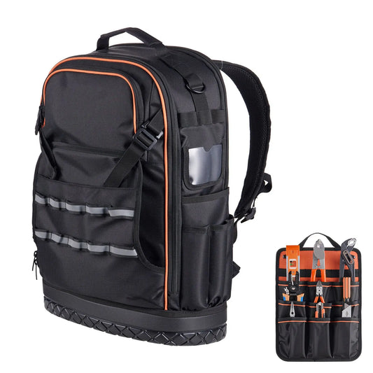 Tool Backpack, 65 Pockets, Heavy-duty Tools Storage Organizer Work Bags with Laptop Compartment & Molded Base, Electrician Jobsite Backpack for Electrician, Repairman, and HVAC Techs