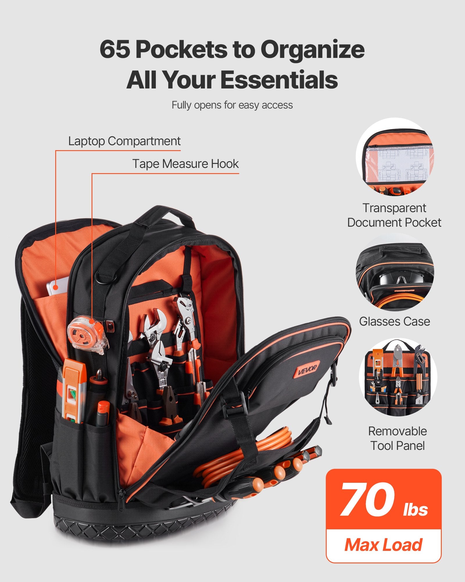Tool Backpack, 65 Pockets, Heavy-duty Tools Storage Organizer Work Bags with Laptop Compartment & Molded Base, Electrician Jobsite Backpack for Electrician, Repairman, and HVAC Techs - Image 2