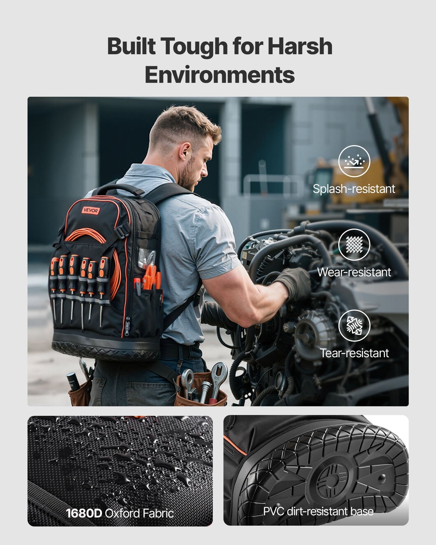 Tool Backpack, 65 Pockets, Heavy-duty Tools Storage Organizer Work Bags with Laptop Compartment & Molded Base, Electrician Jobsite Backpack for Electrician, Repairman, and HVAC Techs - Image 3