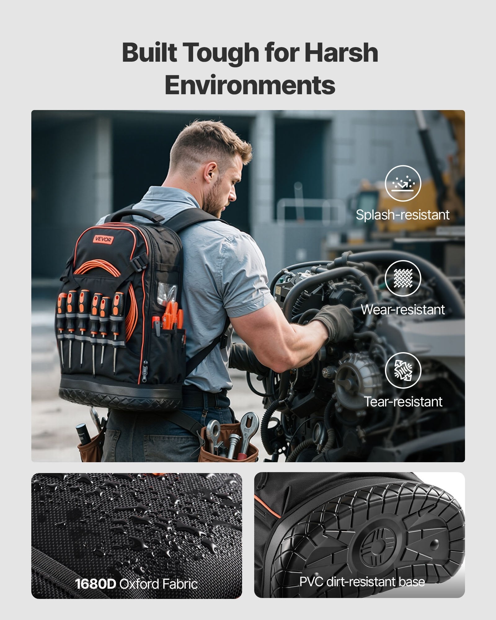 Tool Backpack, 65 Pockets, Heavy-duty Tools Storage Organizer Work Bags with Laptop Compartment & Molded Base, Electrician Jobsite Backpack for Electrician, Repairman, and HVAC Techs - Image 3