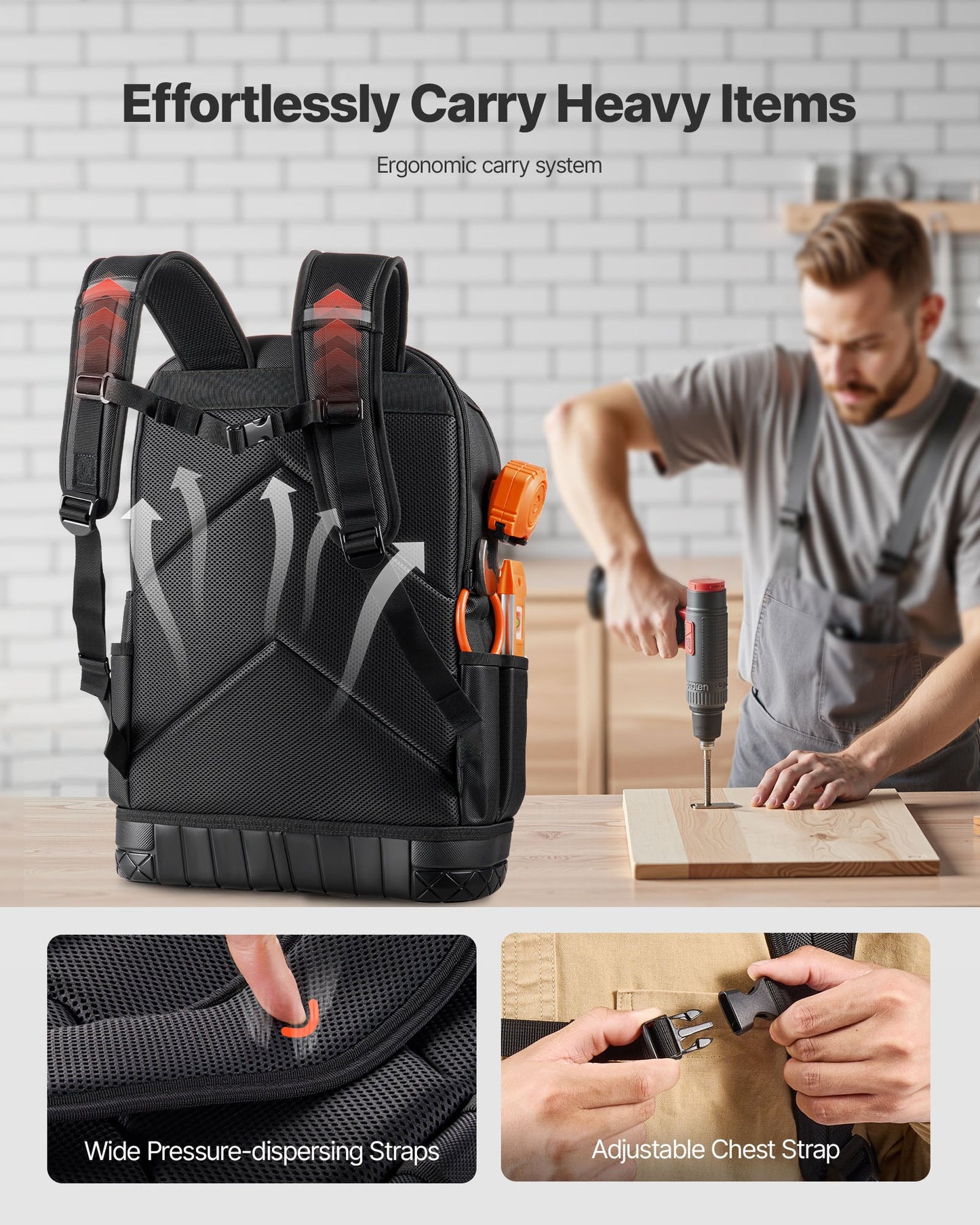 Tool Backpack, 65 Pockets, Heavy-duty Tools Storage Organizer Work Bags with Laptop Compartment & Molded Base, Electrician Jobsite Backpack for Electrician, Repairman, and HVAC Techs - Image 4