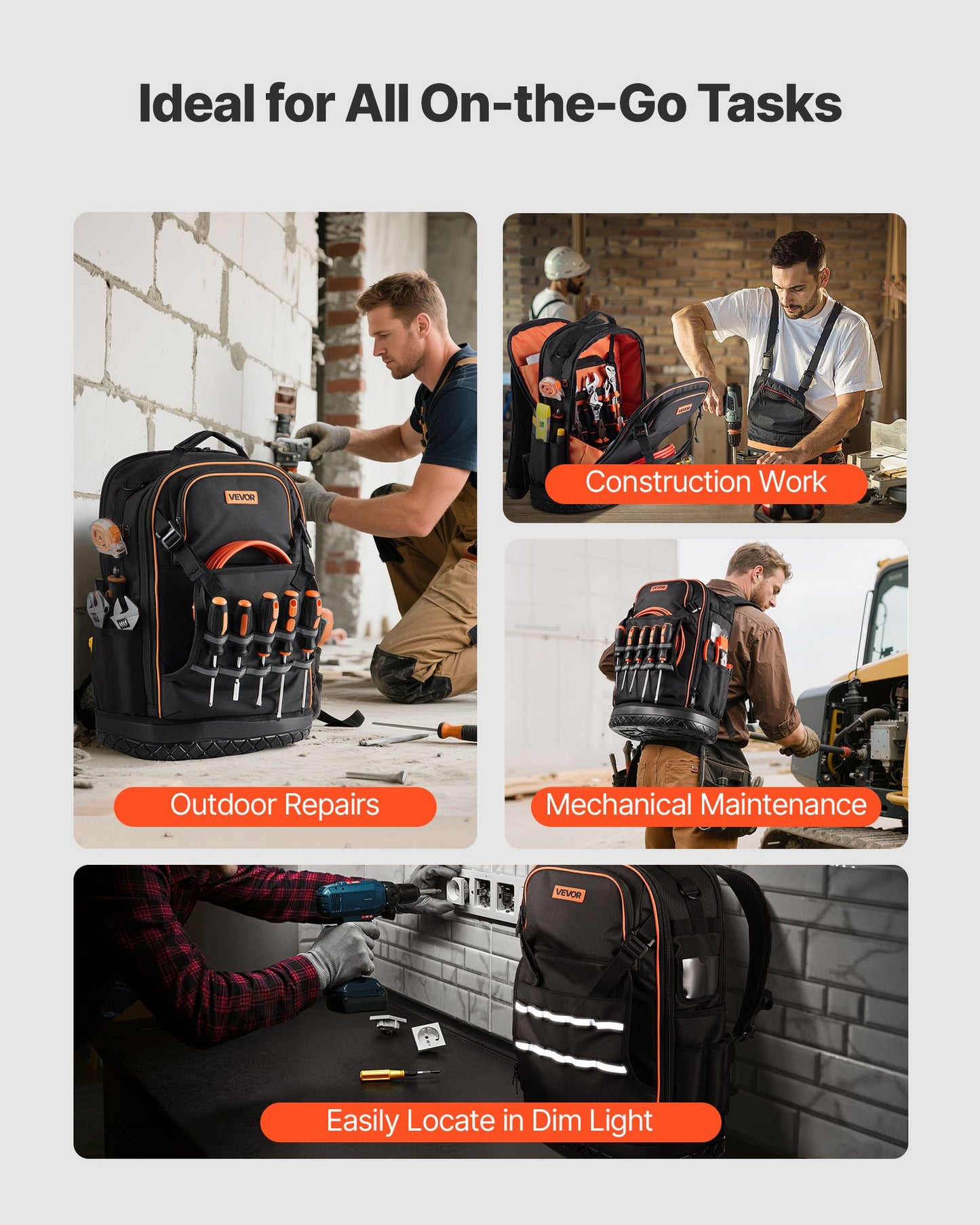 Tool Backpack, 65 Pockets, Heavy-duty Tools Storage Organizer Work Bags with Laptop Compartment & Molded Base, Electrician Jobsite Backpack for Electrician, Repairman, and HVAC Techs - Image 6
