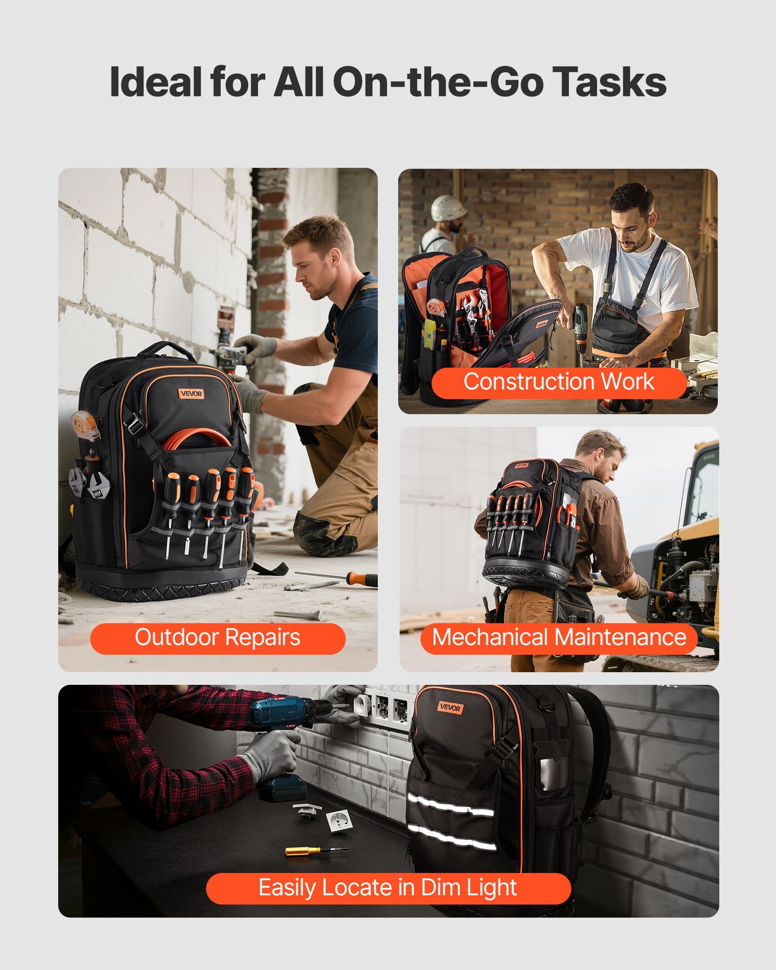Tool Backpack, 65 Pockets, Heavy-duty Tools Storage Organizer Work Bags with Laptop Compartment & Molded Base, Electrician Jobsite Backpack for Electrician, Repairman, and HVAC Techs - Image 6