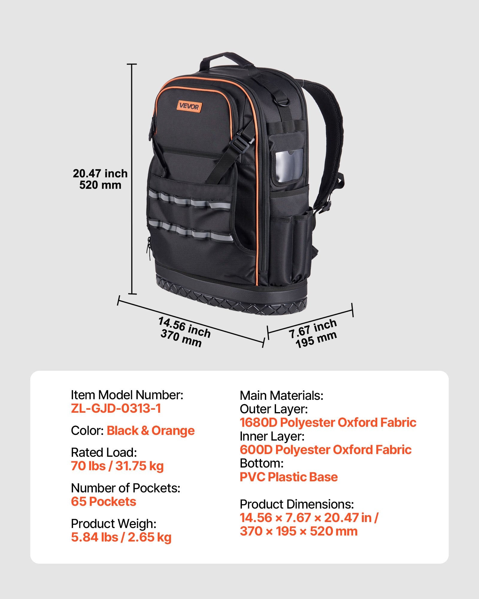 Tool Backpack, 65 Pockets, Heavy-duty Tools Storage Organizer Work Bags with Laptop Compartment & Molded Base, Electrician Jobsite Backpack for Electrician, Repairman, and HVAC Techs - Image 7
