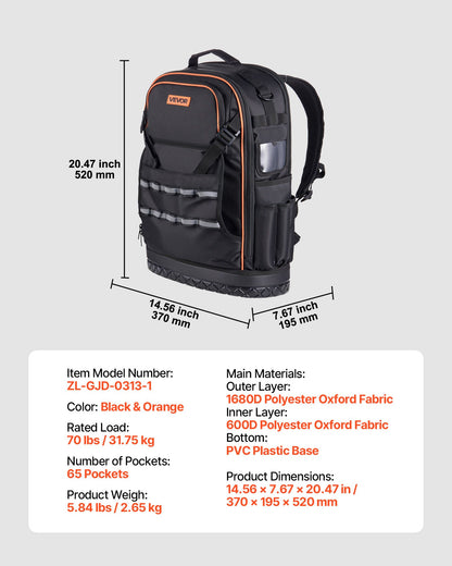 Tool Backpack, 65 Pockets, Heavy-duty Tools Storage Organizer Work Bags with Laptop Compartment & Molded Base, Electrician Jobsite Backpack for Electrician, Repairman, and HVAC Techs - Image 7