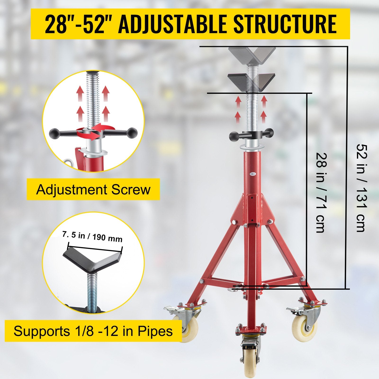 Pipe Stand, Pipe Jack Stands with Casters Adjustable Height 28-52 Inch, V Head Pipe Stand 882 LB, Folding Portable Pipe Stands 1/8 to 12 Inch Pipe Supporting, Steel Jack Stand - Image 2