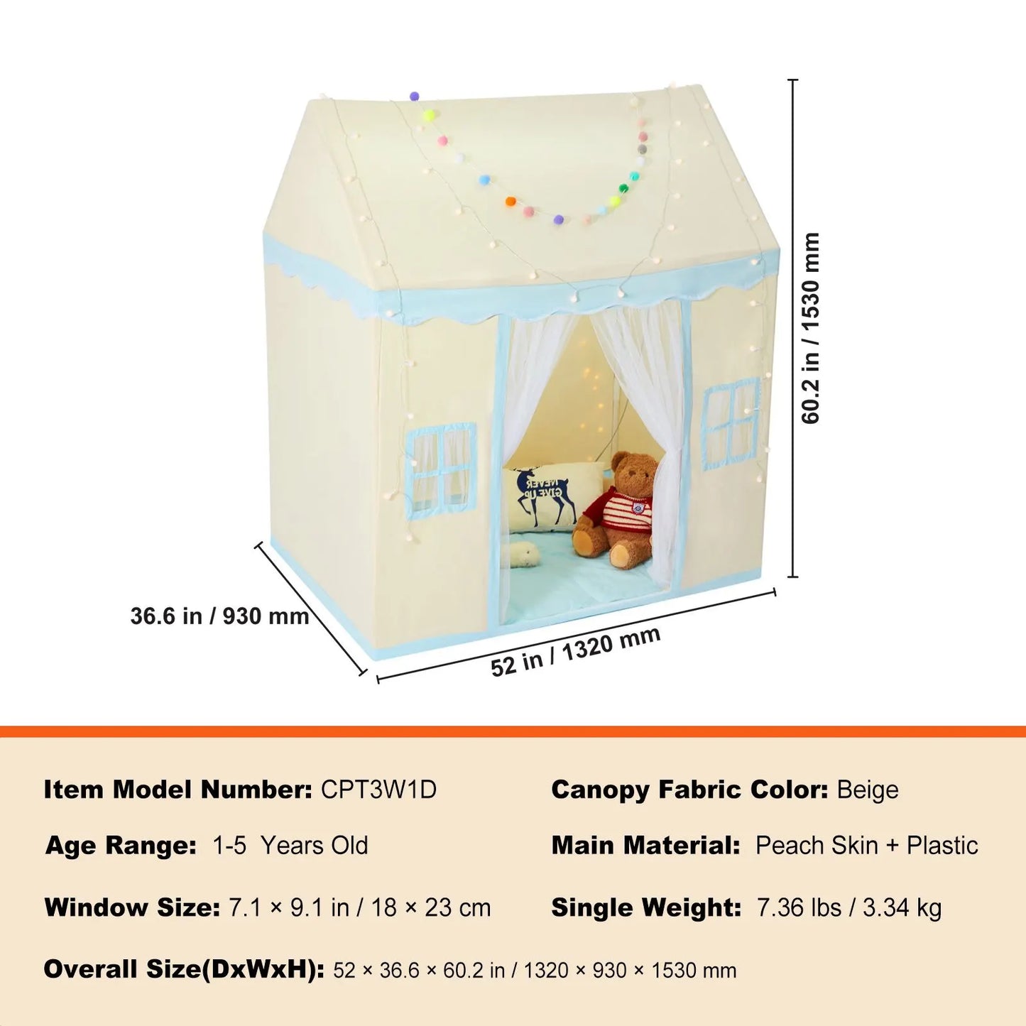 Kids Play Tent, Kids Tent for Kids 1-5 Years Old, Toddler Tent with Mat and Tent Lamp, Tent for Kids with Windows for Indoor and Outdoor, Play House Castle Tent for Boys and Girls, Beige - Image 7