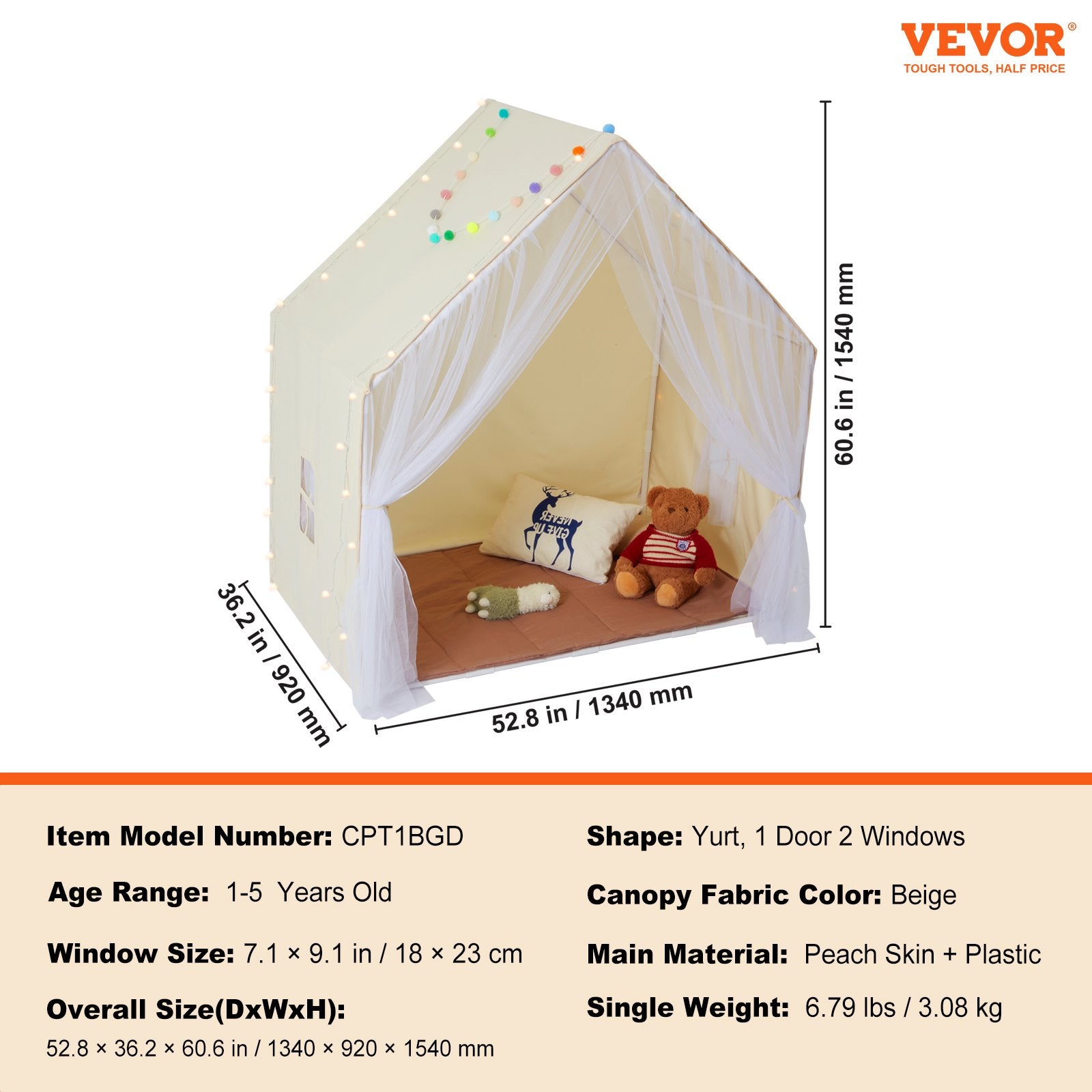 Kids Play Tent, Kids Tent for Kids 1-5 Years Old, Toddler Tent with Mat and Tent Lamp, Tent for Kids with Windows for Indoor and Outdoor, Yurt Tent for Boys and Girls, Beige - Image 7