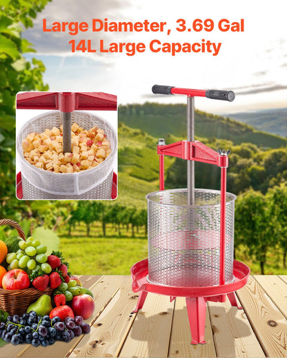 3.69 Gal/14L Fruit Wine Press, Stainless Steel Basket with Cross-beam and Triangular Structure, Manual Juice Maker, Cider Apple Grape Tincture Making Press with T-Handle for Kitchen Home - Image 2