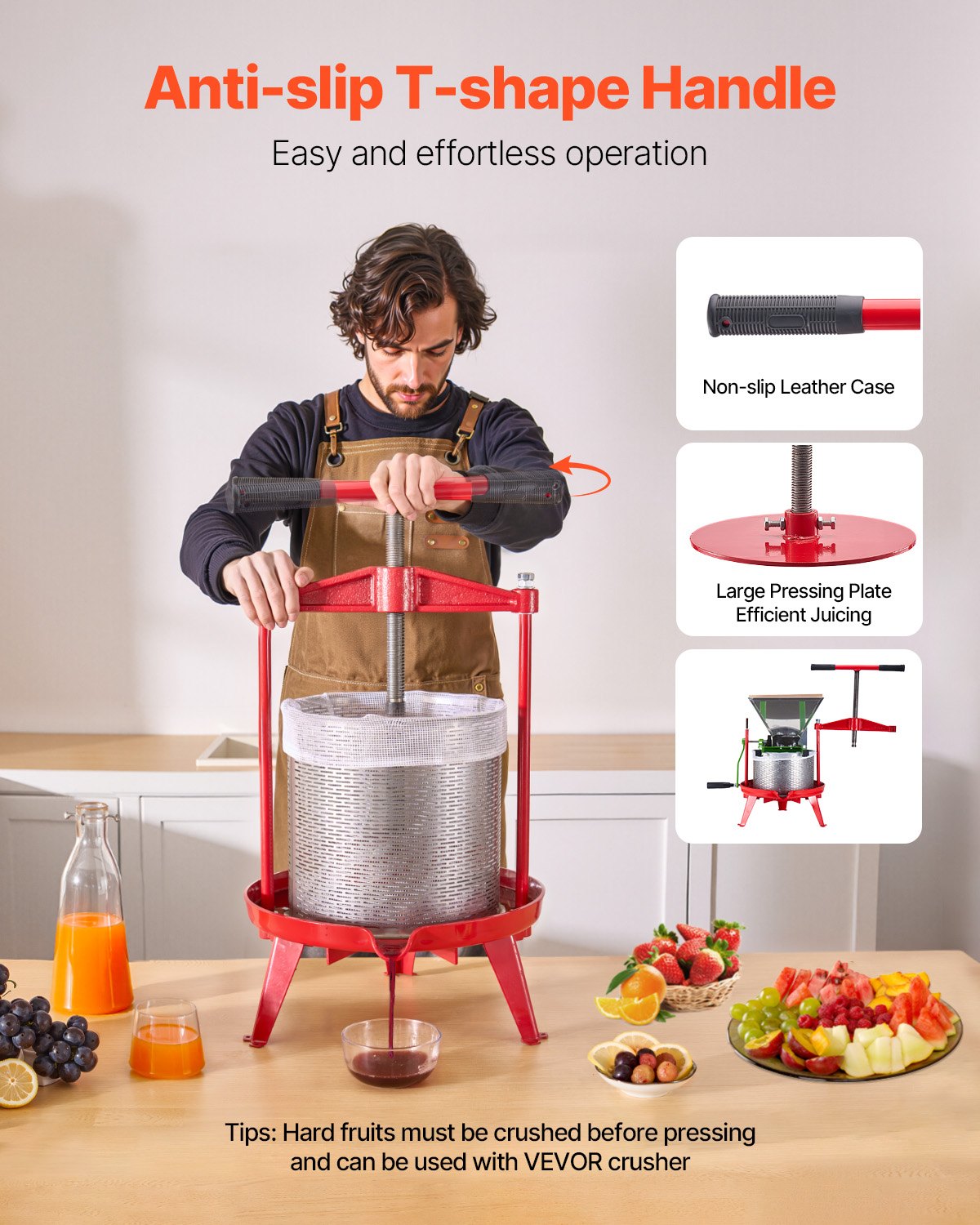 3.69 Gal/14L Fruit Wine Press, Stainless Steel Basket with Cross-beam and Triangular Structure, Manual Juice Maker, Cider Apple Grape Tincture Making Press with T-Handle for Kitchen Home - Image 3