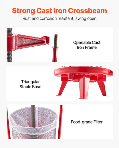 3.69 Gal/14L Fruit Wine Press, Stainless Steel Basket with Cross-beam and Triangular Structure, Manual Juice Maker, Cider Apple Grape Tincture Making Press with T-Handle for Kitchen Home - Image 4