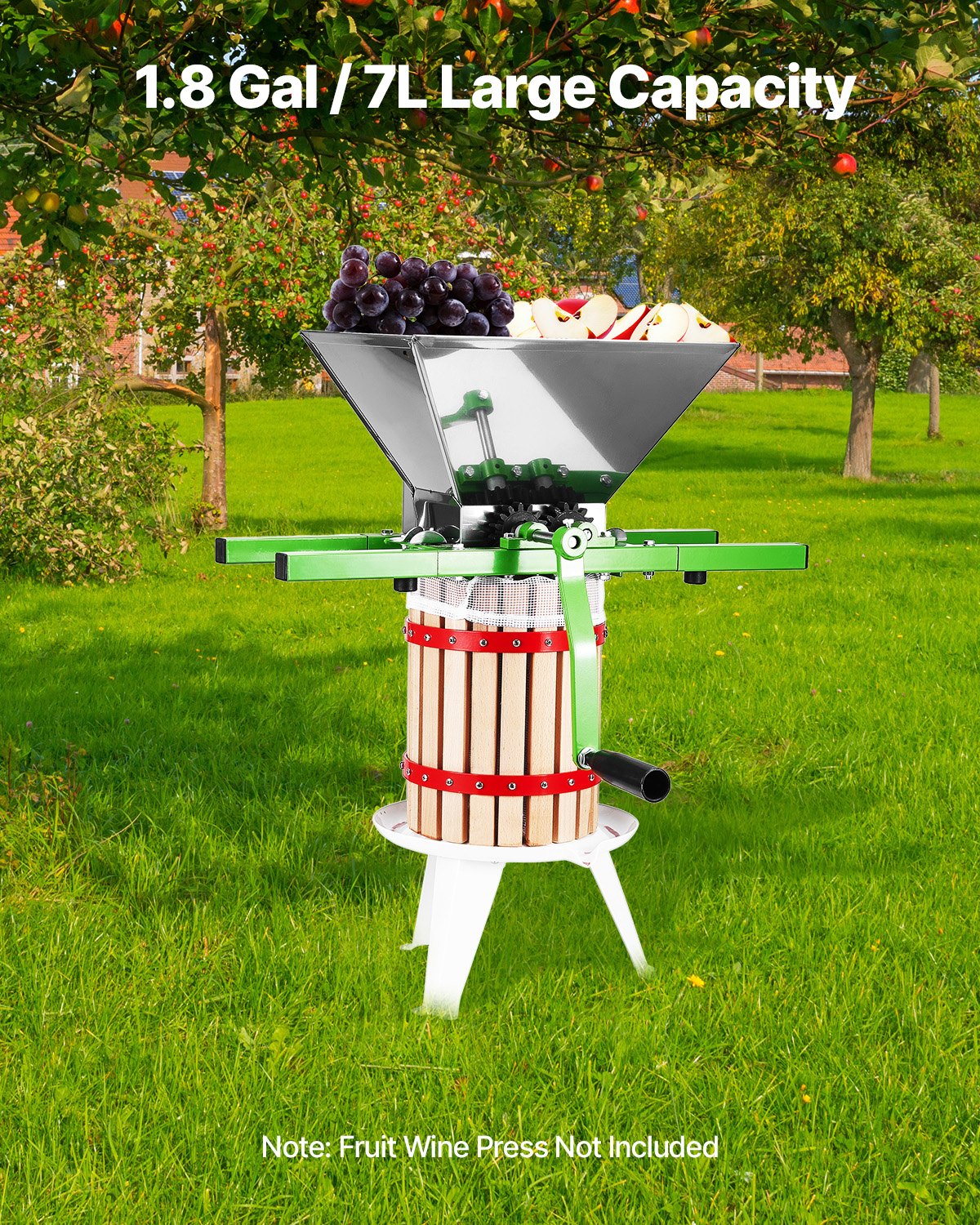 1.8 Gal/7L Fruit and Apple Crusher, Large Manual Grinder, Stainless Steel Fruit Scratter Pulper for Wine Cider Apple Grape Pressing, with Roller Handle for Kitchen Home, Green - Image 2