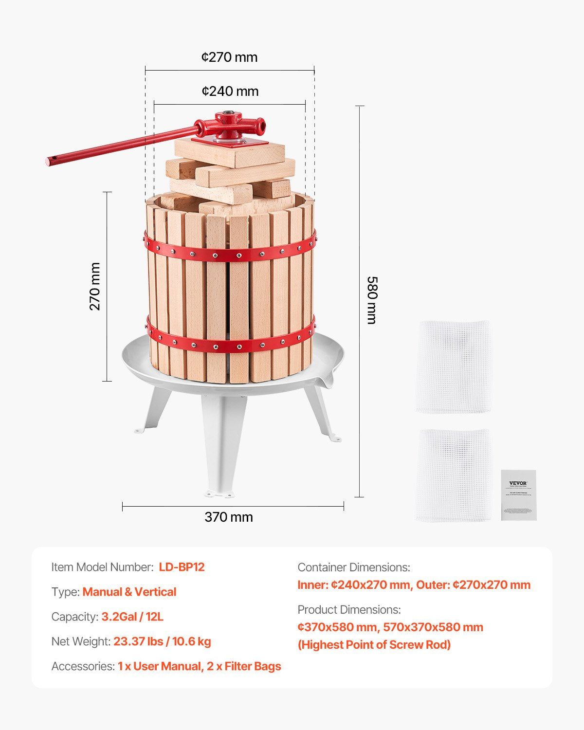 Fruit Wine Press Manual Press for Wine Making 3.2 Gal/12L Wood Basket - Image 7