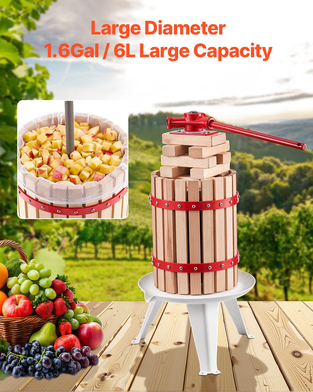 1.6 Gal/6L Fruit Wine Press, Solid Wood Basket with 8 Blocks, Heavy Duty Manual Juice Maker, Cider Apple Grape Tincture Honey Olive Oil Making Press with Handle for Kitchen, Home - Image 5