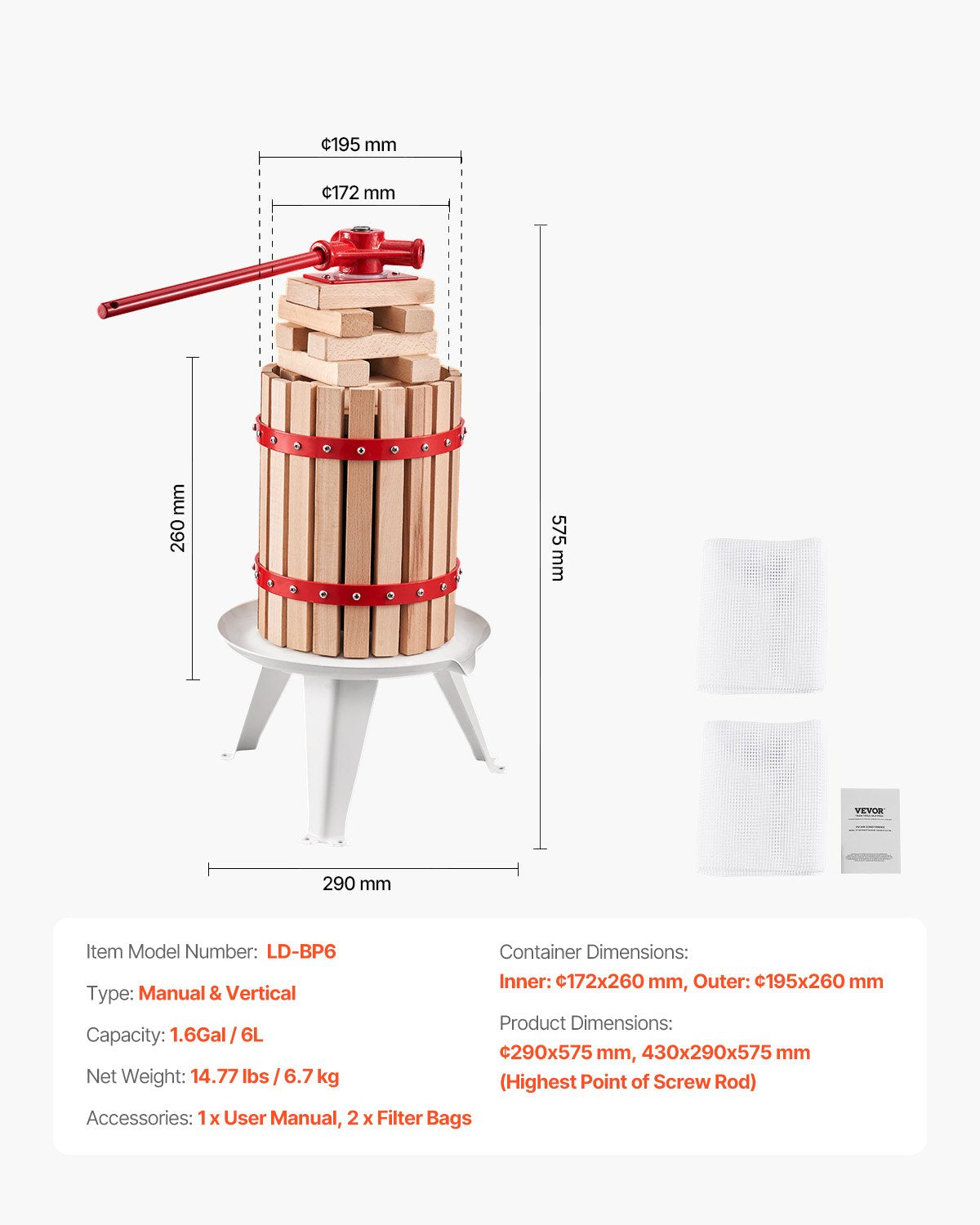 1.6 Gal/6L Fruit Wine Press, Solid Wood Basket with 8 Blocks, Heavy Duty Manual Juice Maker, Cider Apple Grape Tincture Honey Olive Oil Making Press with Handle for Kitchen, Home - Image 7