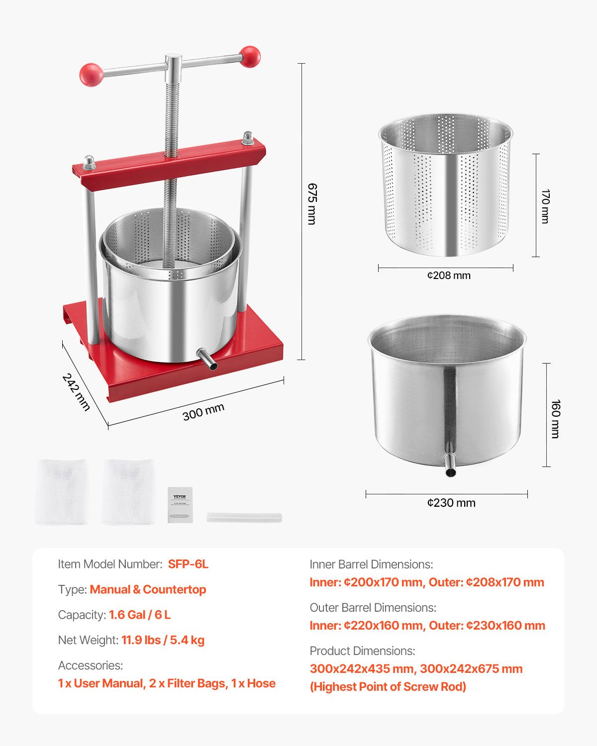 Fruit Wine Press Manual Press for Wine Making 1.6 Gal/6L Stainless Steel - Image 7