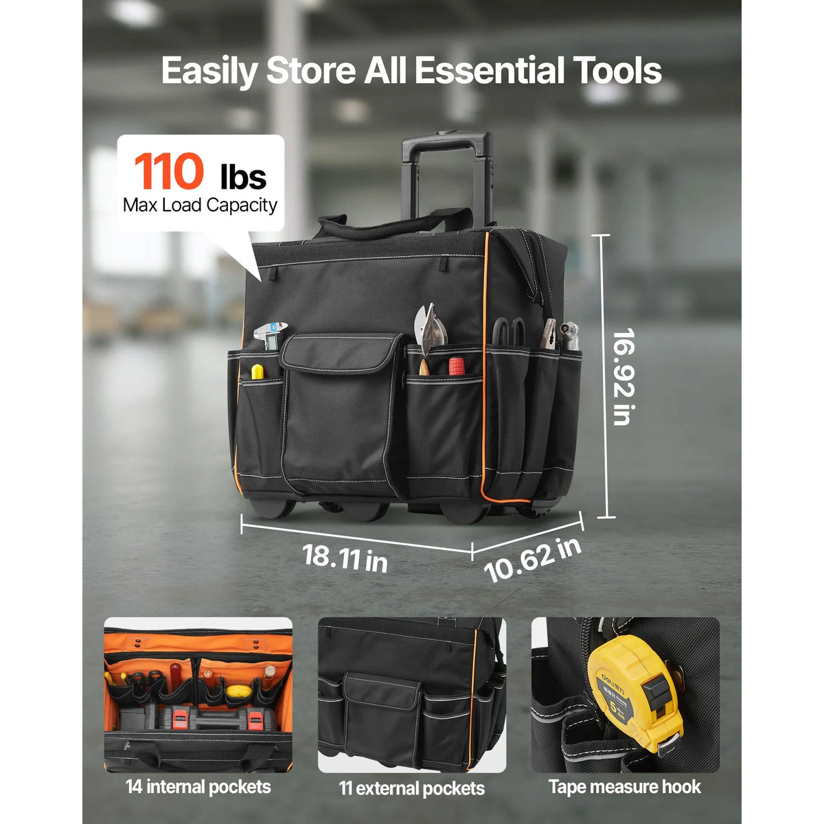 Rolling Tool Bag, 110 lbs Load Capacity, 25 Pockets Heavy Duty Roller Tool Bag with Adjustable Telescoping Handle & Stable Base, Toolbag Organizers with Wheels for Electrician, Construction - Image 2