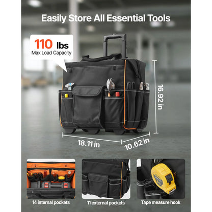 Rolling Tool Bag, 110 lbs Load Capacity, 25 Pockets Heavy Duty Roller Tool Bag with Adjustable Telescoping Handle & Stable Base, Toolbag Organizers with Wheels for Electrician, Construction - Image 2