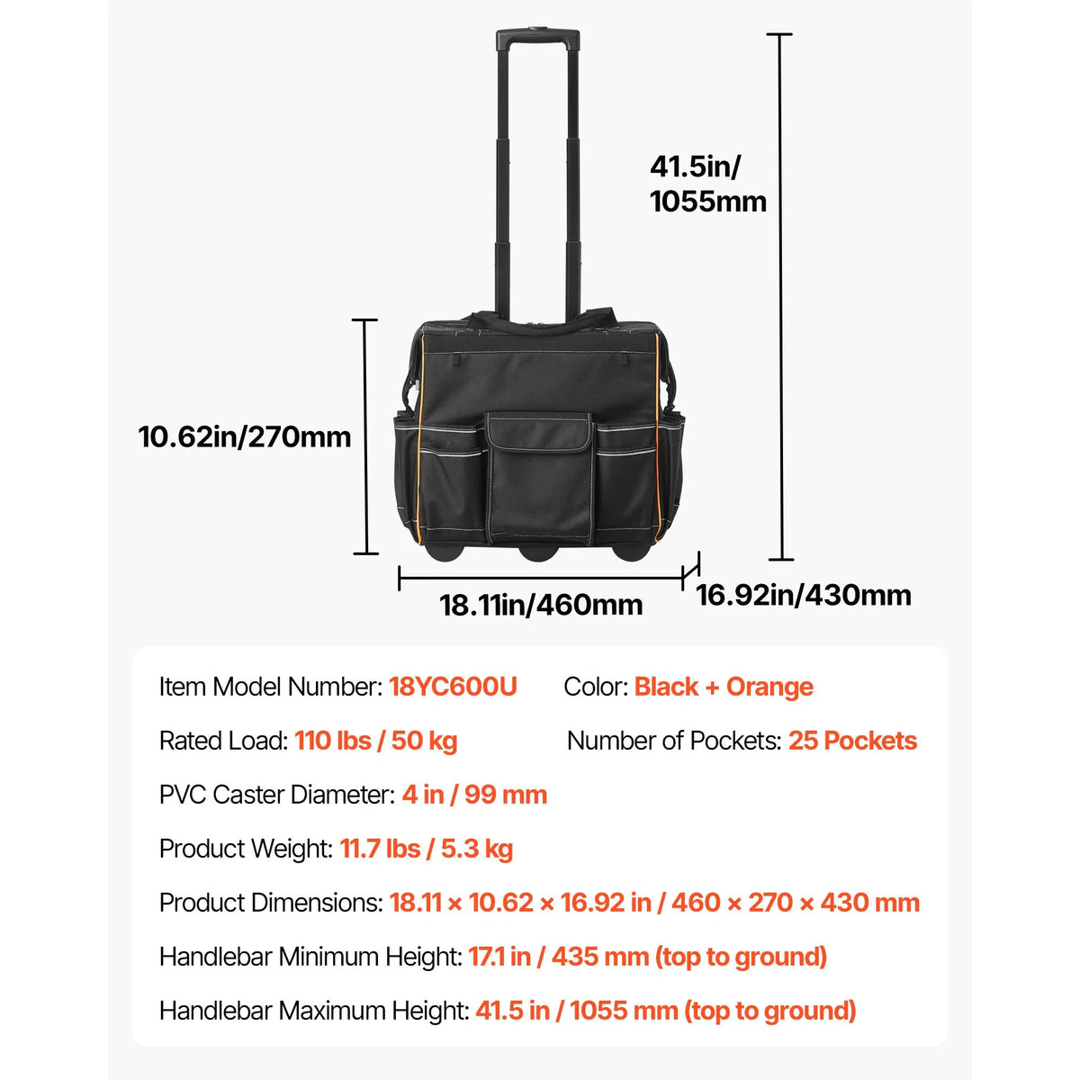 Rolling Tool Bag, 110 lbs Load Capacity, 25 Pockets Heavy Duty Roller Tool Bag with Adjustable Telescoping Handle & Stable Base, Toolbag Organizers with Wheels for Electrician, Construction - Image 7