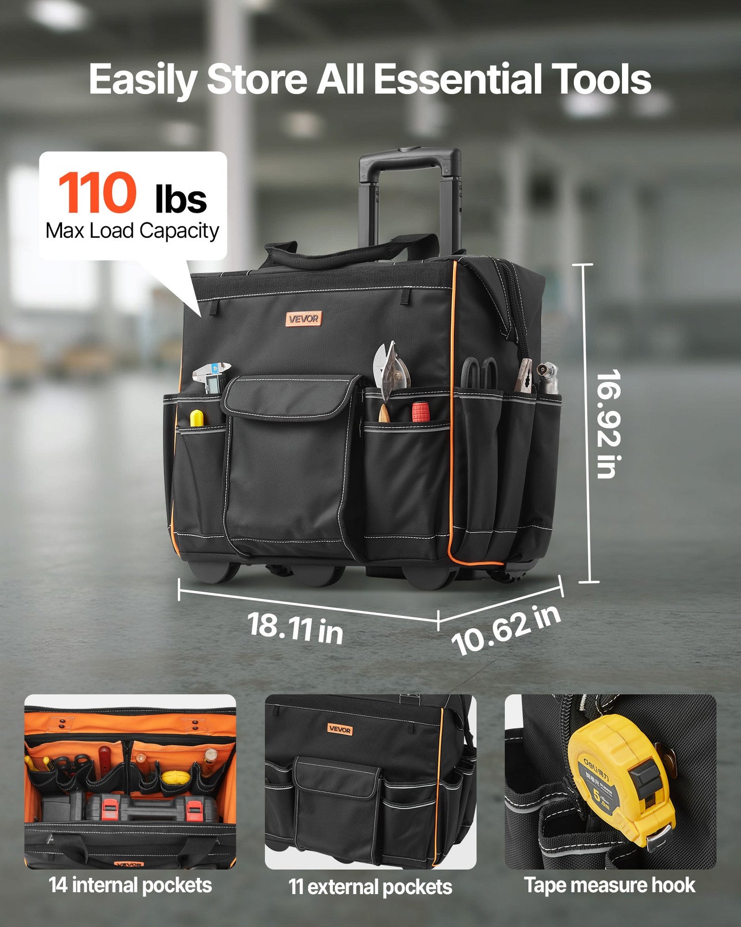 Rolling Tool Bag, 110 lbs Load Capacity, 25 Pockets Heavy Duty Roller Tool Bag with Adjustable Telescoping Handle & Stable Base, Toolbag Organizers with Wheels for Electrician, Construction - Image 2