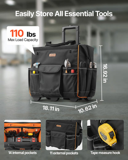 Rolling Tool Bag, 110 lbs Load Capacity, 25 Pockets Heavy Duty Roller Tool Bag with Adjustable Telescoping Handle & Stable Base, Toolbag Organizers with Wheels for Electrician, Construction - Image 2