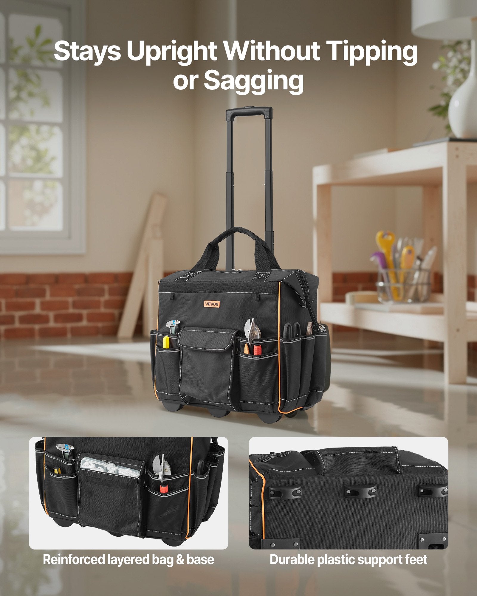 Rolling Tool Bag, 110 lbs Load Capacity, 25 Pockets Heavy Duty Roller Tool Bag with Adjustable Telescoping Handle & Stable Base, Toolbag Organizers with Wheels for Electrician, Construction - Image 5