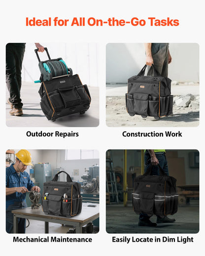 Rolling Tool Bag, 110 lbs Load Capacity, 25 Pockets Heavy Duty Roller Tool Bag with Adjustable Telescoping Handle & Stable Base, Toolbag Organizers with Wheels for Electrician, Construction - Image 6