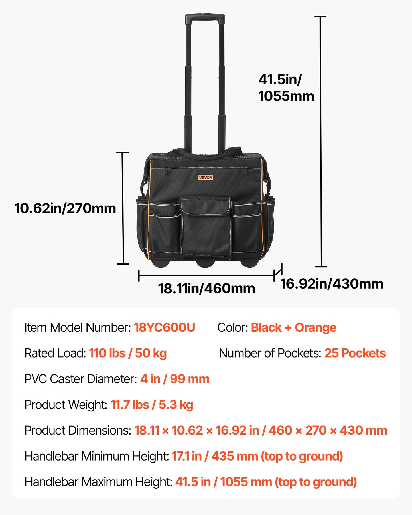 Rolling Tool Bag, 110 lbs Load Capacity, 25 Pockets Heavy Duty Roller Tool Bag with Adjustable Telescoping Handle & Stable Base, Toolbag Organizers with Wheels for Electrician, Construction - Image 7