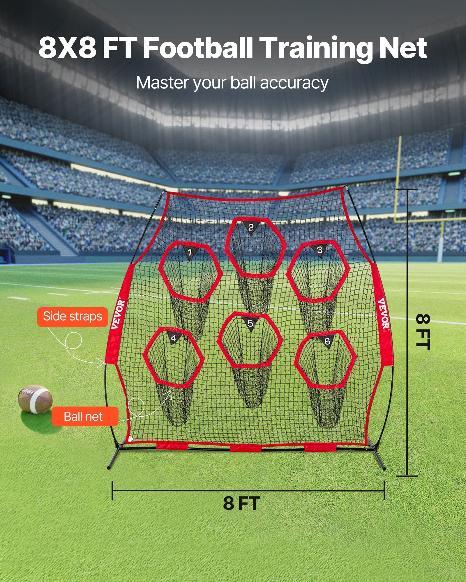 2438.4x2438.4mm Football Trainer Throwing Net, Training Throwing Target Practice Net with 6 Target Pockets, Knotless Net Includes Straps and Portable Carry Case, Improve QB Throwing Accuracy,Red - Image 3