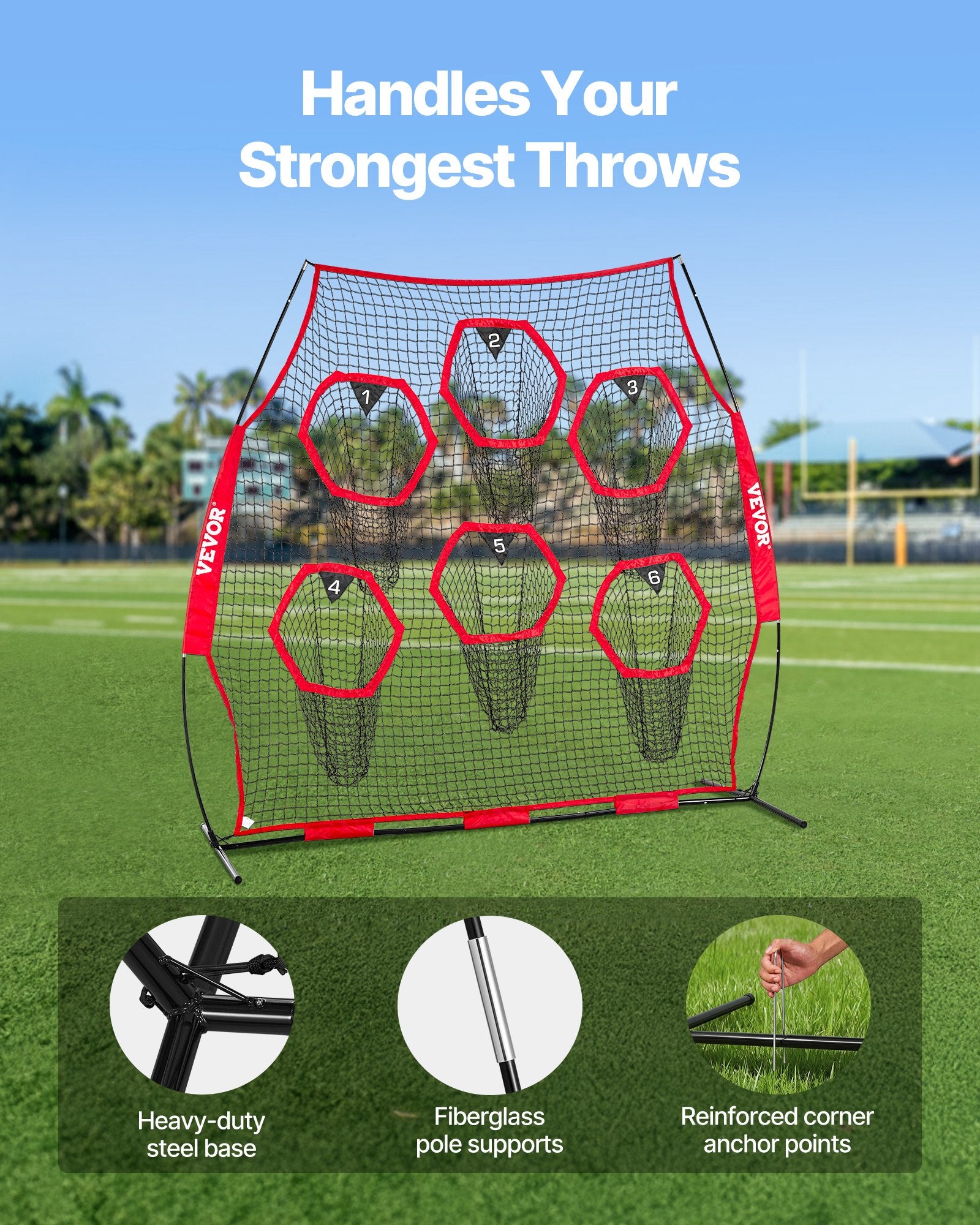 2438.4x2438.4mm Football Trainer Throwing Net, Training Throwing Target Practice Net with 6 Target Pockets, Knotless Net Includes Straps and Portable Carry Case, Improve QB Throwing Accuracy,Red - Image 4