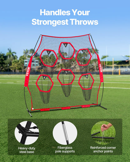 2438.4x2438.4mm Football Trainer Throwing Net, Training Throwing Target Practice Net with 6 Target Pockets, Knotless Net Includes Straps and Portable Carry Case, Improve QB Throwing Accuracy,Red - Image 4