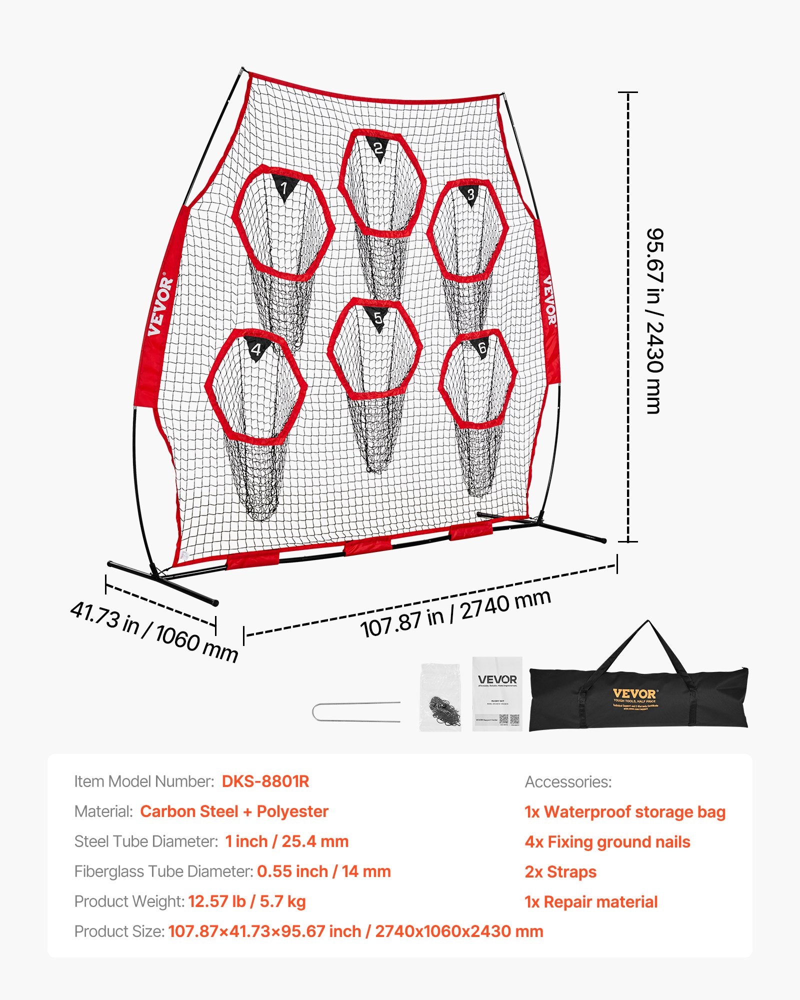 2438.4x2438.4mm Football Trainer Throwing Net, Training Throwing Target Practice Net with 6 Target Pockets, Knotless Net Includes Straps and Portable Carry Case, Improve QB Throwing Accuracy,Red - Image 7