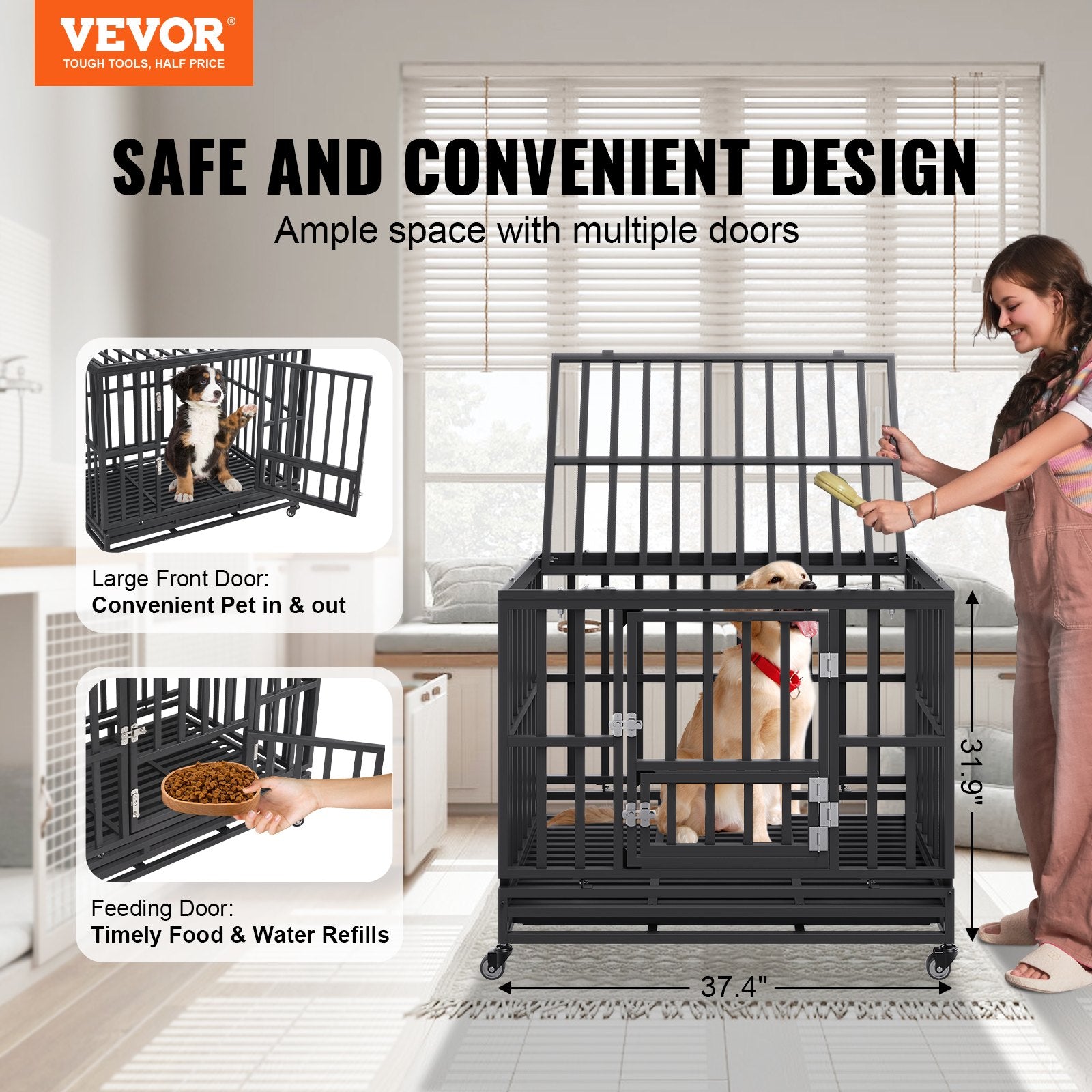 Heavy Duty Dog Crate 38 in Metal Dog Kennel with Wheels and Removable Tray - Image 2