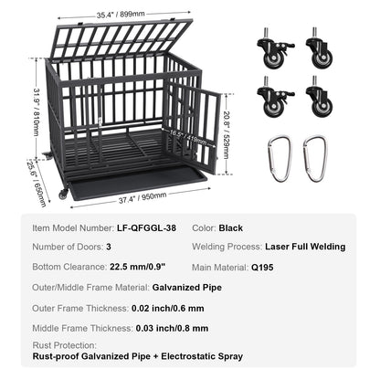 Heavy Duty Dog Crate 38 in Metal Dog Kennel with Wheels and Removable Tray - Image 7