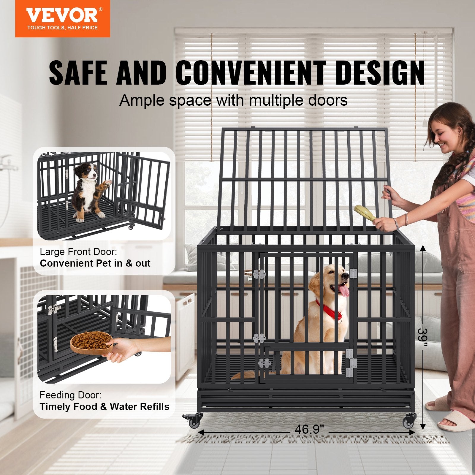 47 Inch Heavy Duty Dog Crate, Indestructible Dog Crate, 3-Door Heavy Duty Dog Kennel for Medium to Large Dogs with Lockable Wheels and Removable Tray, High Anxiety Dog Crate for Indoor & Outdoor - Image 2