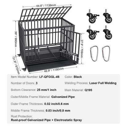 47 Inch Heavy Duty Dog Crate, Indestructible Dog Crate, 3-Door Heavy Duty Dog Kennel for Medium to Large Dogs with Lockable Wheels and Removable Tray, High Anxiety Dog Crate for Indoor & Outdoor - Image 7
