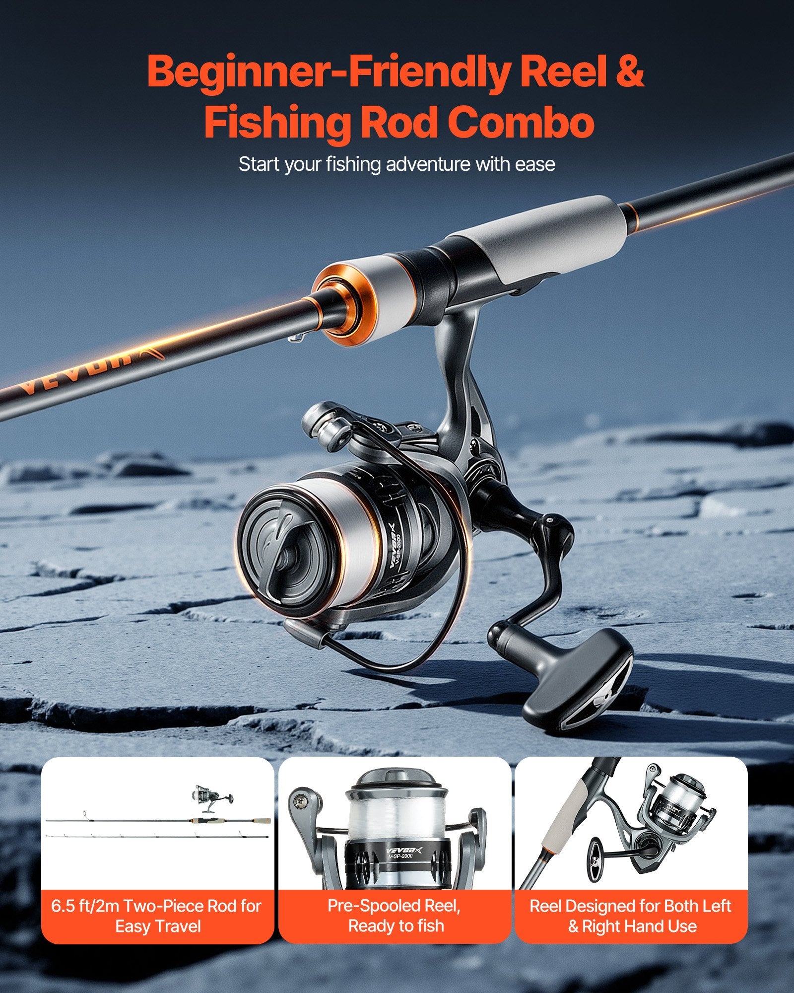 Rod and Fishing Reel Combo, IM6 Fiberglass & Carbon Fiber Spinning Rod and Reel Combo, Bass Fishing Pole with 2m Two-Piece Rods, 6+1 Ball Bearings, Stainless Steel Guides with Ceramic Rings - Image 2