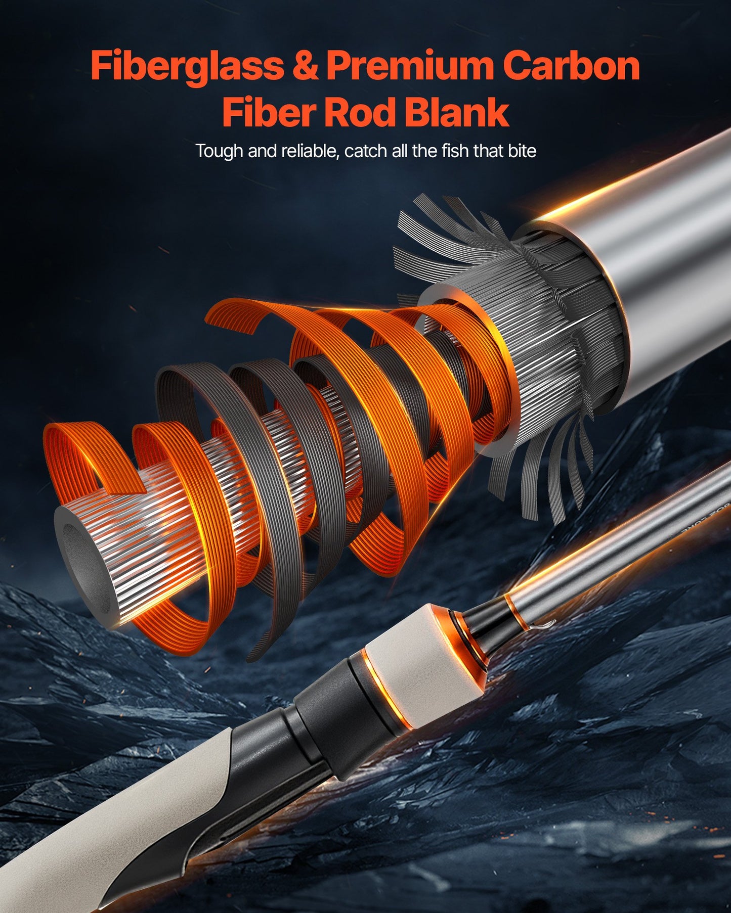 Rod and Fishing Reel Combo, IM6 Fiberglass & Carbon Fiber Spinning Rod and Reel Combo, Bass Fishing Pole with 2m Two-Piece Rods, 6+1 Ball Bearings, Stainless Steel Guides with Ceramic Rings - Image 3