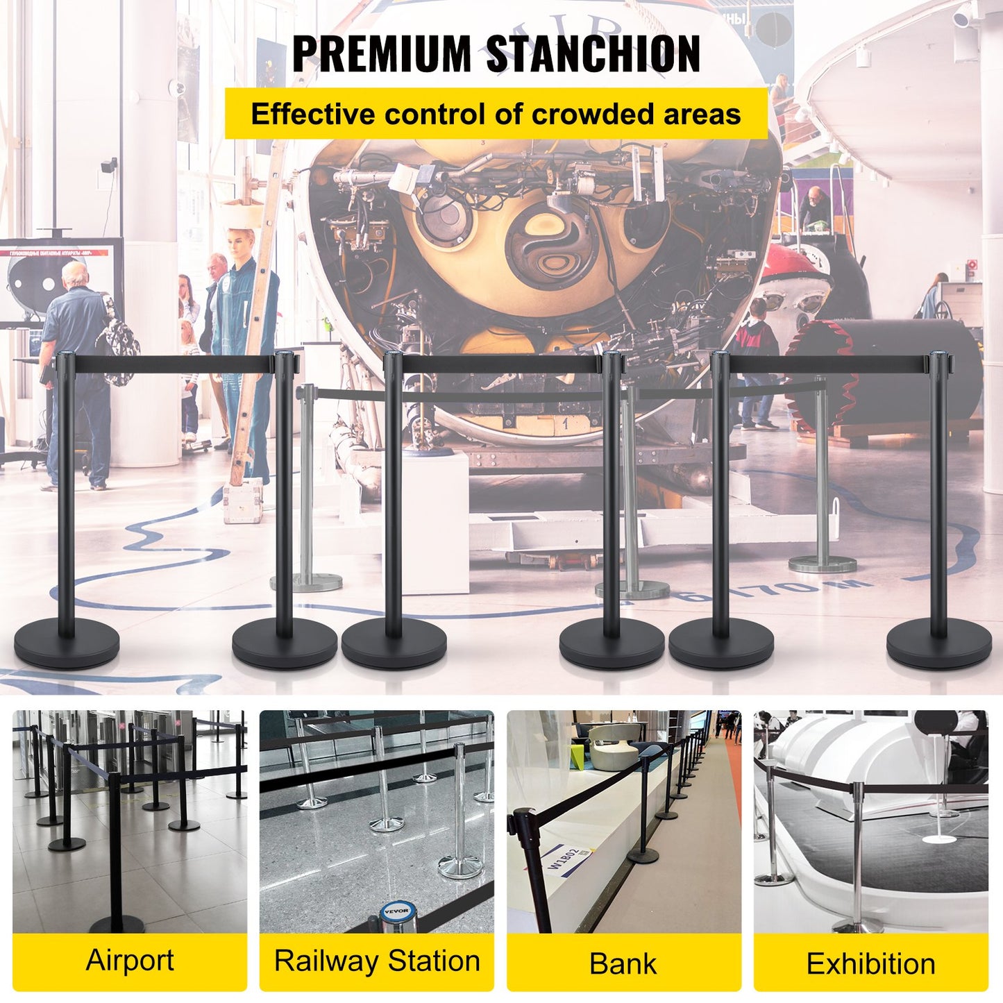 Crowd Control Stanchion, Set of 6 Pieces Stanchion Set, Stanchion Set with 6.6 ft/2 m Black Retractable Belt, Black Crowd Control Barrier with Concrete and Metal Base – Easy Connect Assembly - Image 2