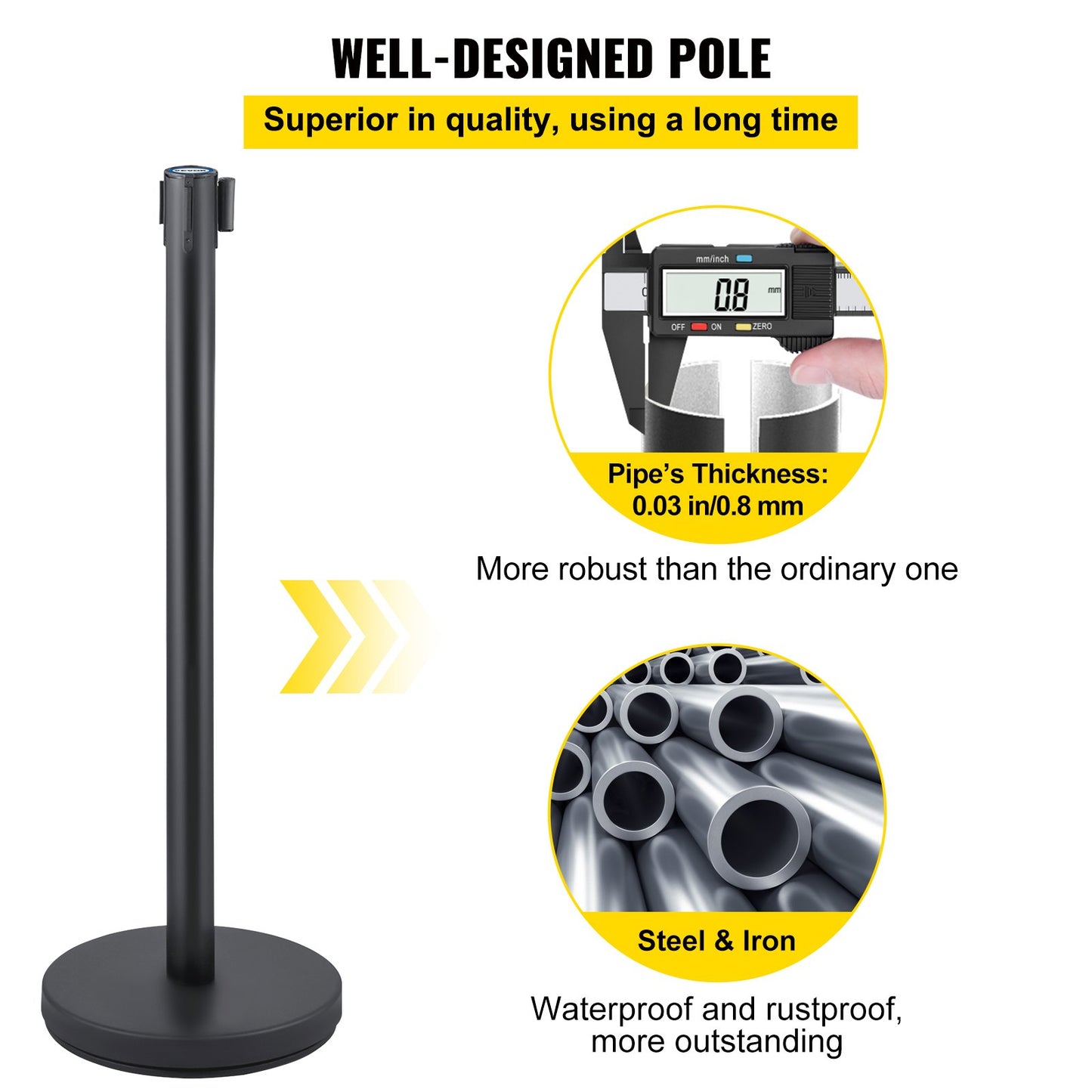 Crowd Control Stanchion, Set of 6 Pieces Stanchion Set, Stanchion Set with 6.6 ft/2 m Black Retractable Belt, Black Crowd Control Barrier with Concrete and Metal Base – Easy Connect Assembly - Image 3
