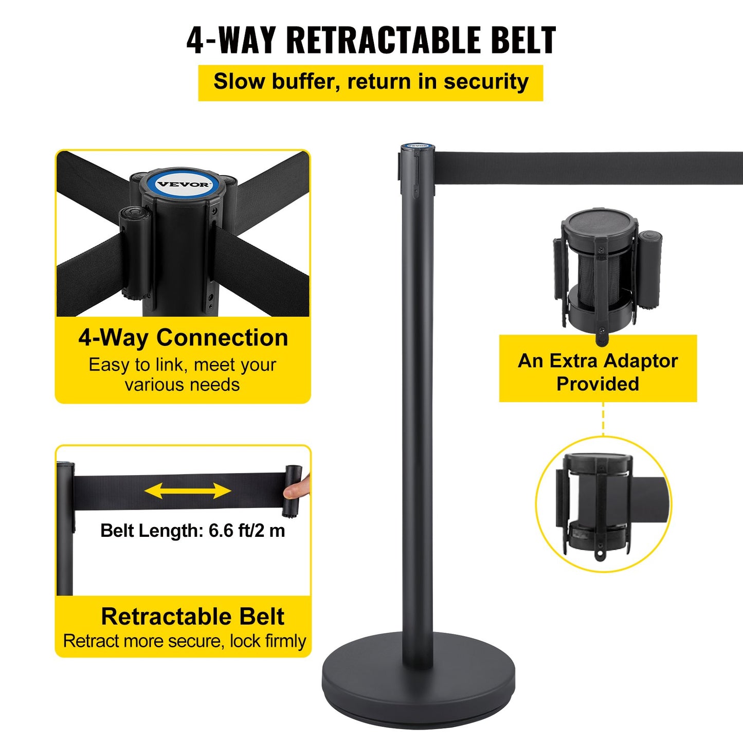 Crowd Control Stanchion, Set of 6 Pieces Stanchion Set, Stanchion Set with 6.6 ft/2 m Black Retractable Belt, Black Crowd Control Barrier with Concrete and Metal Base – Easy Connect Assembly - Image 4