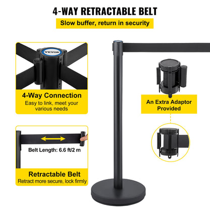 Crowd Control Stanchion, Set of 6 Pieces Stanchion Set, Stanchion Set with 6.6 ft/2 m Black Retractable Belt, Black Crowd Control Barrier with Concrete and Metal Base – Easy Connect Assembly - Image 4