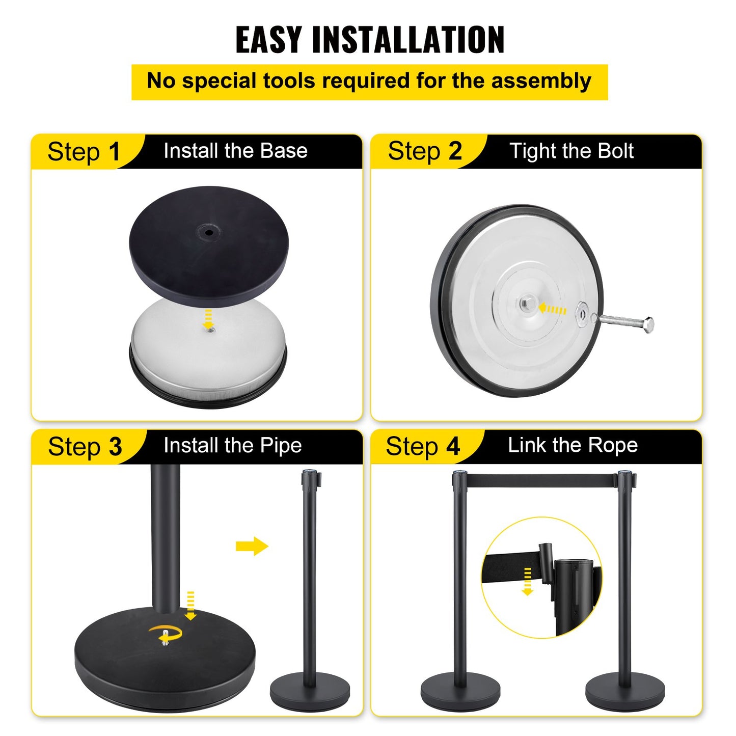 Crowd Control Stanchion, Set of 6 Pieces Stanchion Set, Stanchion Set with 6.6 ft/2 m Black Retractable Belt, Black Crowd Control Barrier with Concrete and Metal Base – Easy Connect Assembly - Image 6