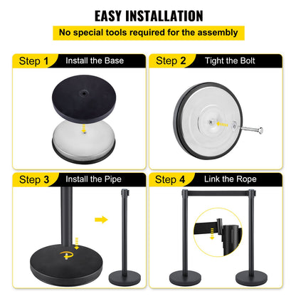 Crowd Control Stanchion, Set of 6 Pieces Stanchion Set, Stanchion Set with 6.6 ft/2 m Black Retractable Belt, Black Crowd Control Barrier with Concrete and Metal Base – Easy Connect Assembly - Image 6