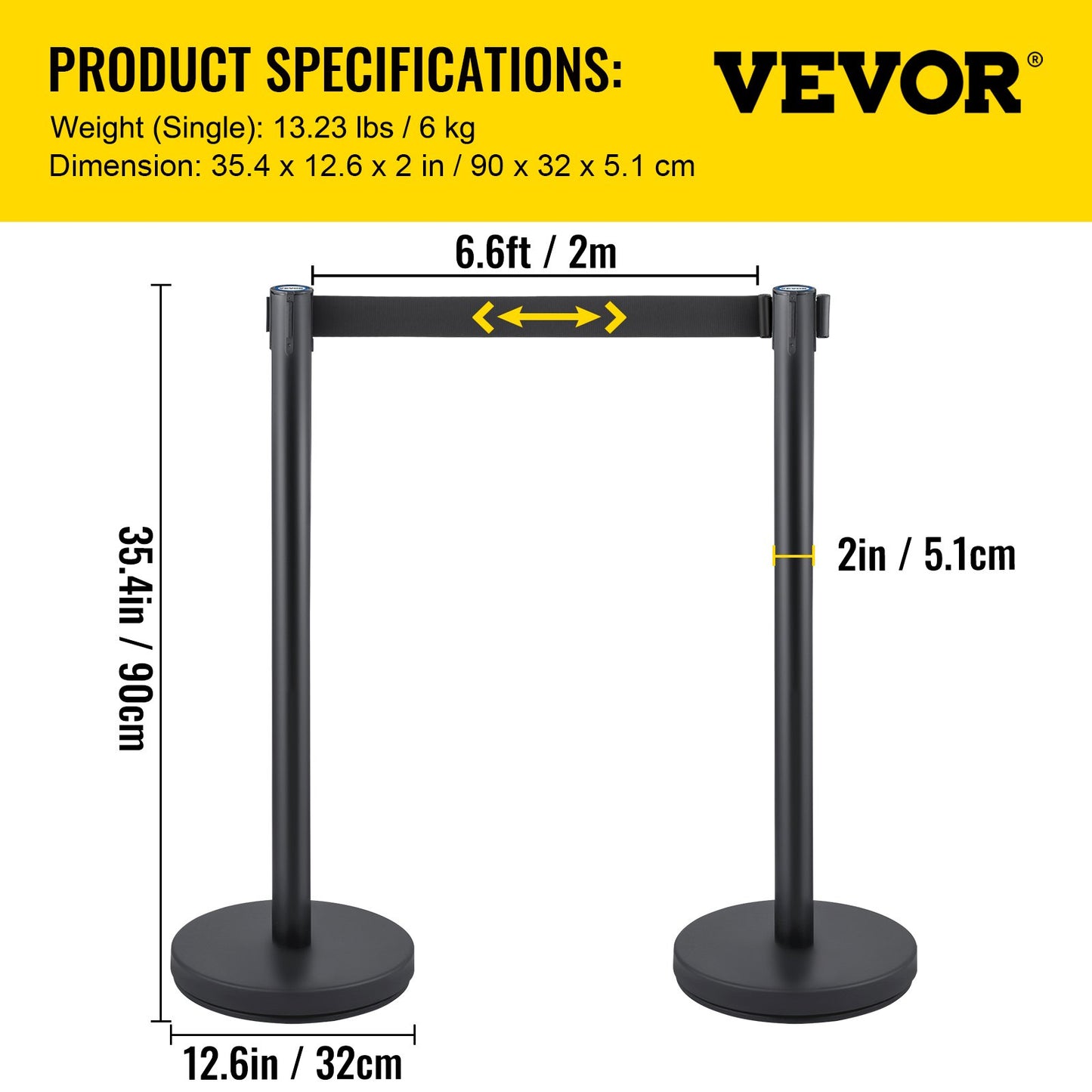 Crowd Control Stanchion, Set of 6 Pieces Stanchion Set, Stanchion Set with 6.6 ft/2 m Black Retractable Belt, Black Crowd Control Barrier with Concrete and Metal Base – Easy Connect Assembly - Image 7