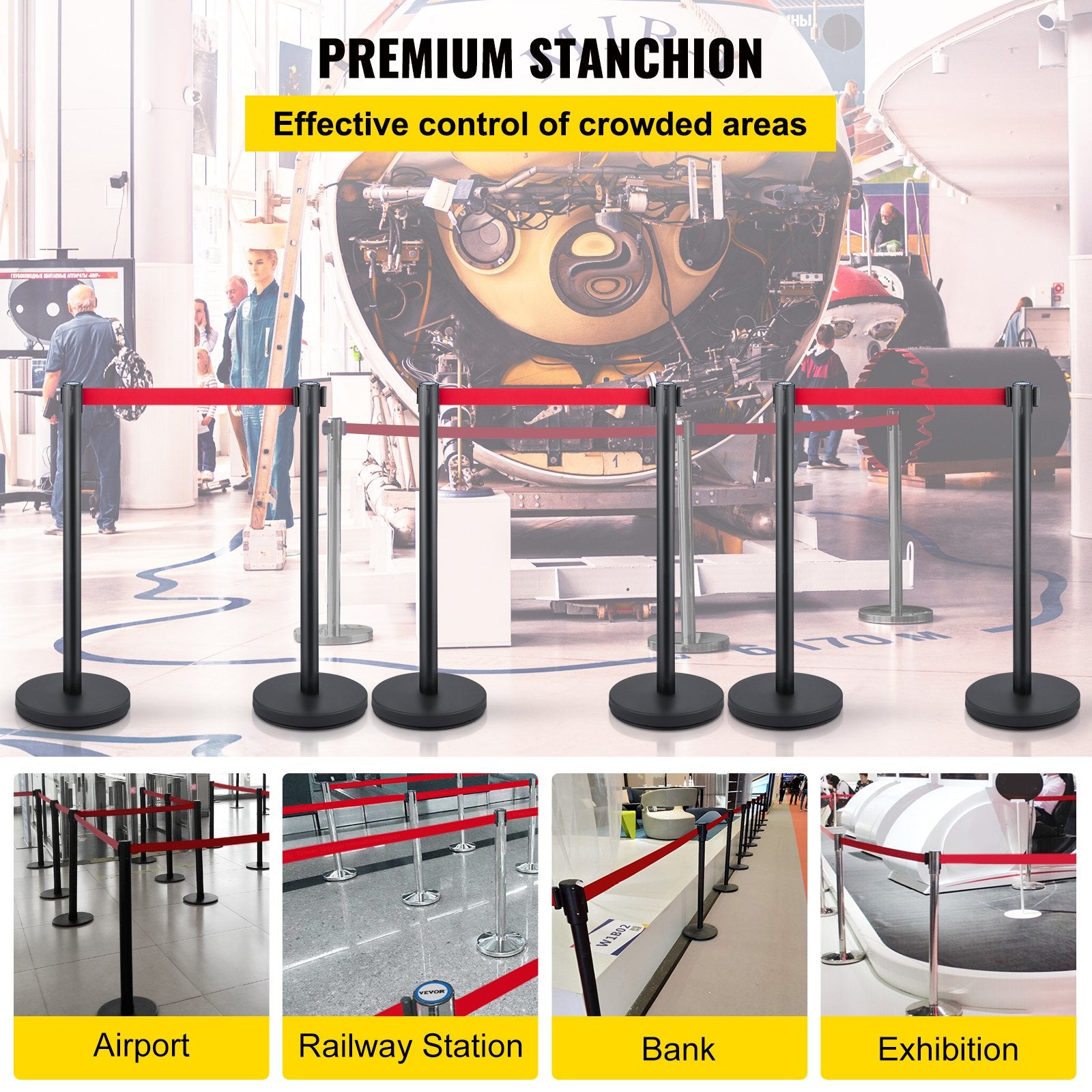 Crowd Control Stanchion, Set of 6 Pieces Stanchion Set, Stanchion Set with 6.6 ft/2 m Red Retractable Belt, Crowd Control Barrier with Rubber Base – Easy Connect Assembly for Crowd Control (Black) - Image 2