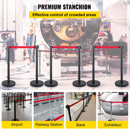 Crowd Control Stanchion, Set of 6 Pieces Stanchion Set, Stanchion Set with 6.6 ft/2 m Red Retractable Belt, Crowd Control Barrier with Rubber Base – Easy Connect Assembly for Crowd Control (Black) - Image 2