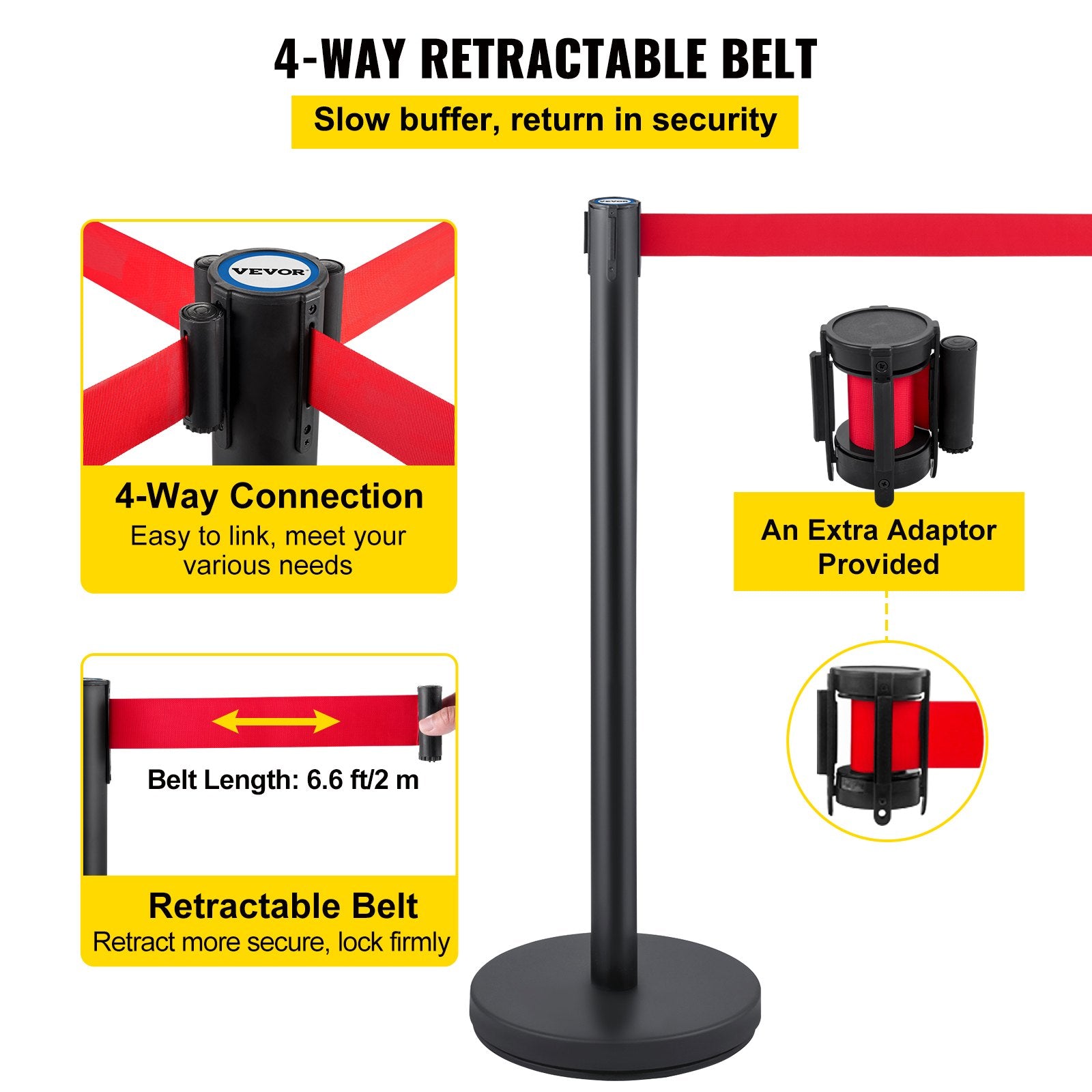 Crowd Control Stanchion, Set of 6 Pieces Stanchion Set, Stanchion Set with 6.6 ft/2 m Red Retractable Belt, Crowd Control Barrier with Rubber Base – Easy Connect Assembly for Crowd Control (Black) - Image 4