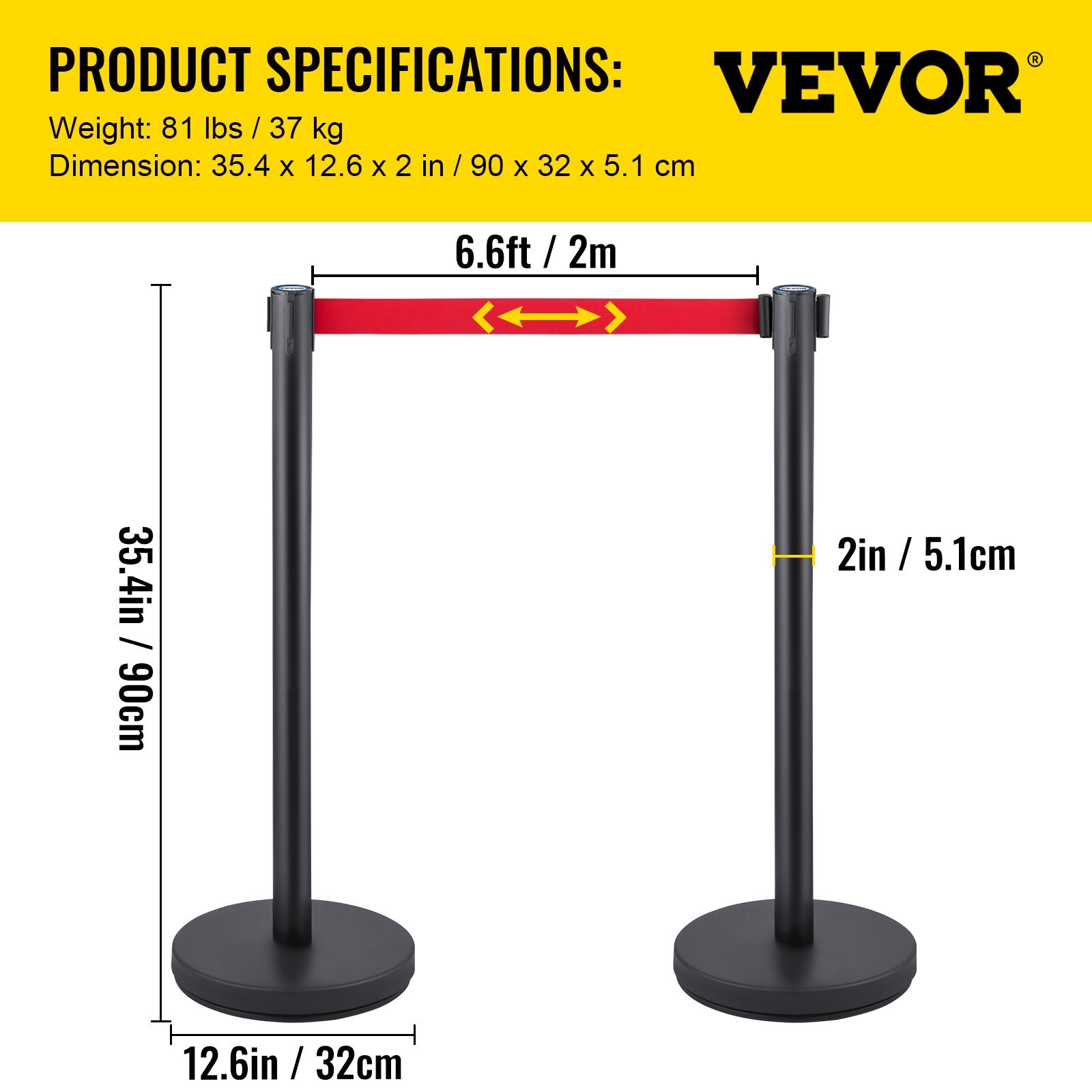 Crowd Control Stanchion, Set of 6 Pieces Stanchion Set, Stanchion Set with 6.6 ft/2 m Red Retractable Belt, Crowd Control Barrier with Rubber Base – Easy Connect Assembly for Crowd Control (Black) - Image 7